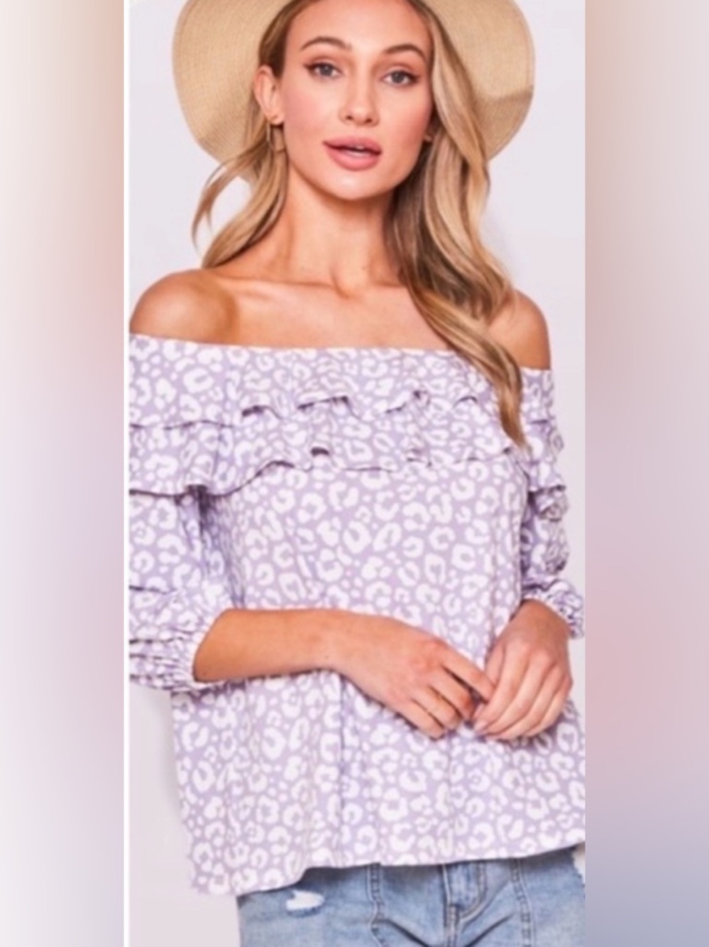 New Lavender White Leopard Print Ruffle Spring Summer Women’s Pretty Top